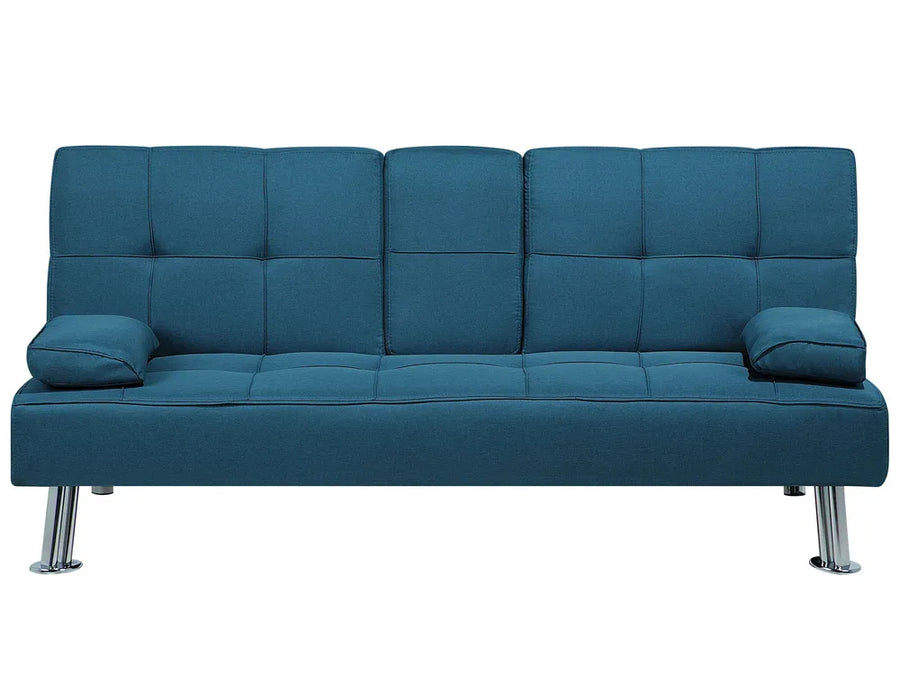 Blue upholstered sofa bed with built-in table and cup holders