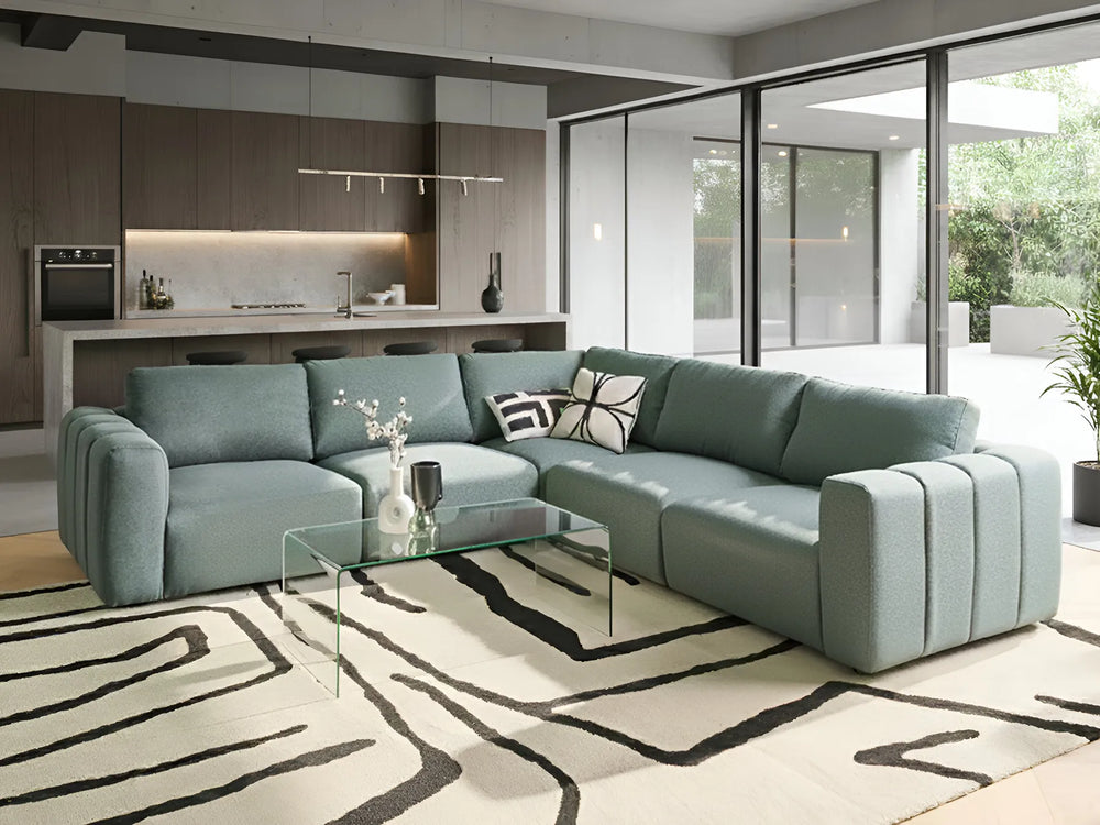 Left hand green fabric corner sofa, 5 seater modular sectional in contemporary living room design