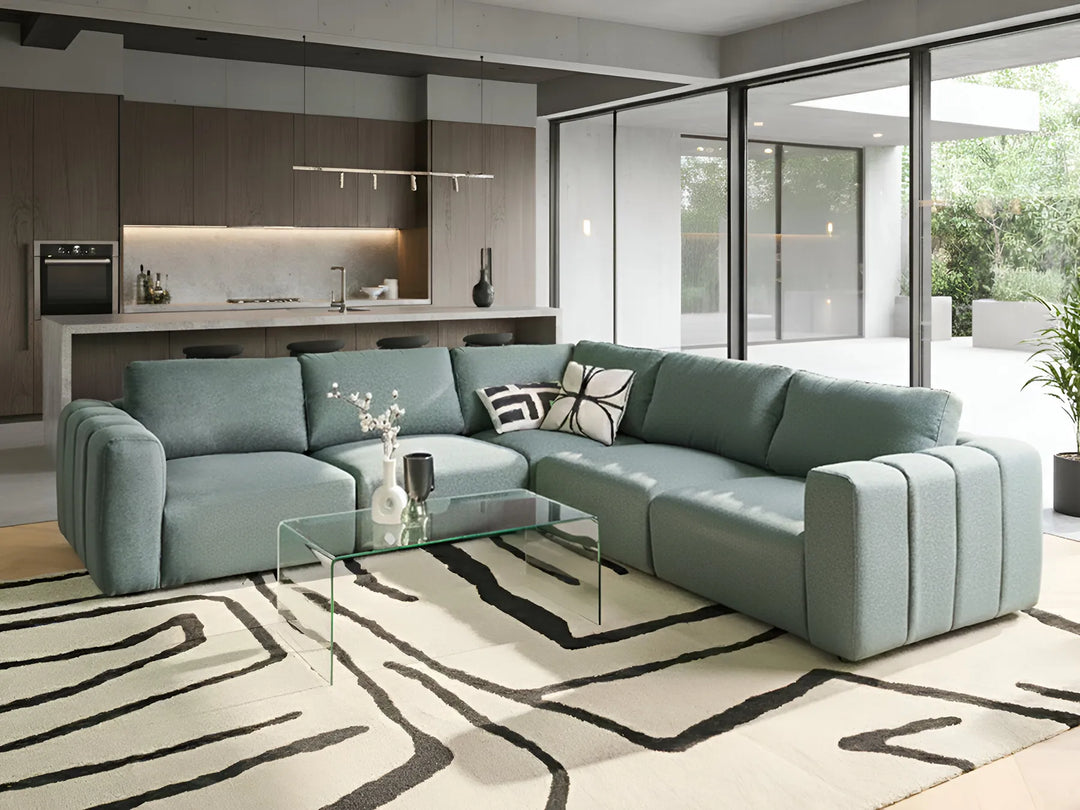 Left hand green fabric corner sofa, 5 seater modular sectional in contemporary living room design