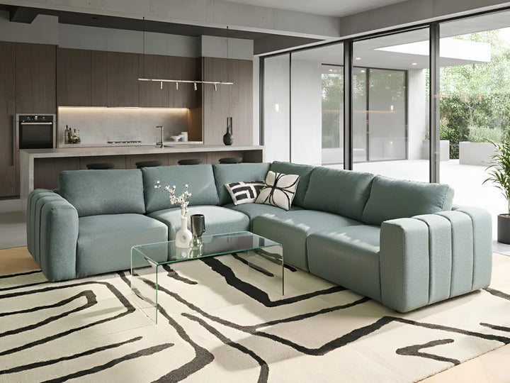 Left hand green fabric corner sofa, 5 seater modular sectional in contemporary living room design