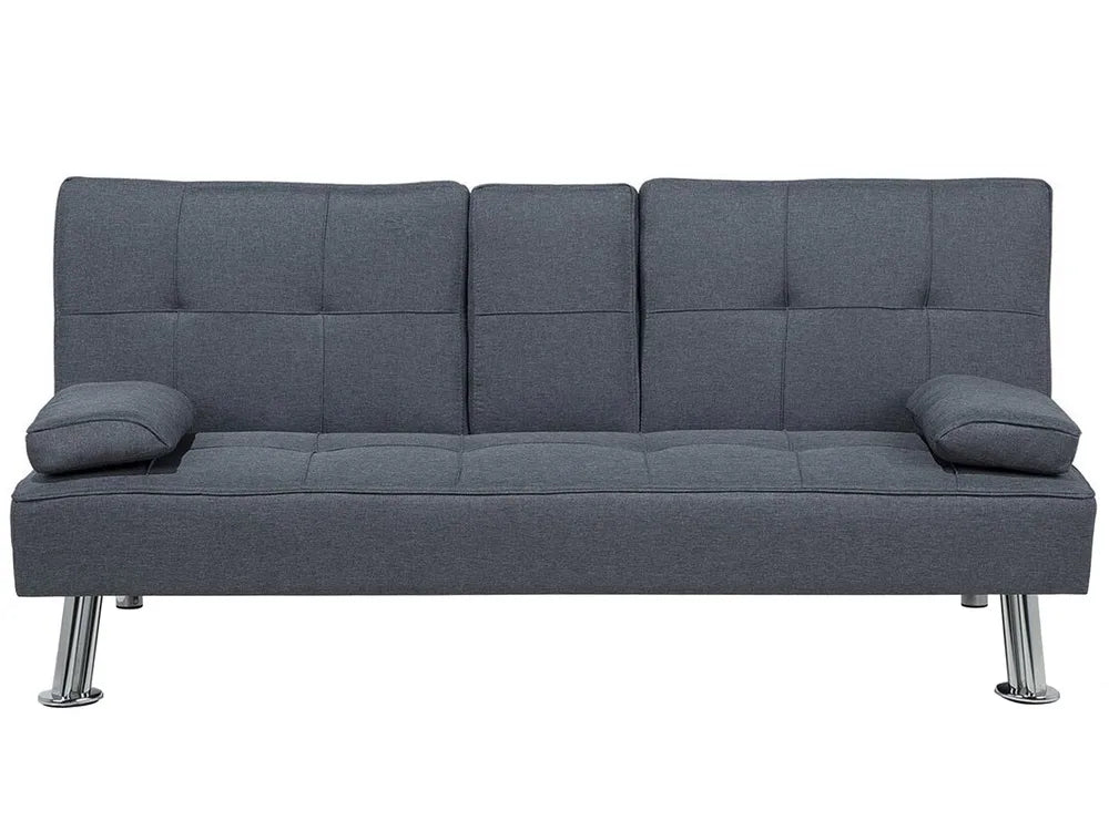 Convertible dark grey three-seater sofa bed with arm pads