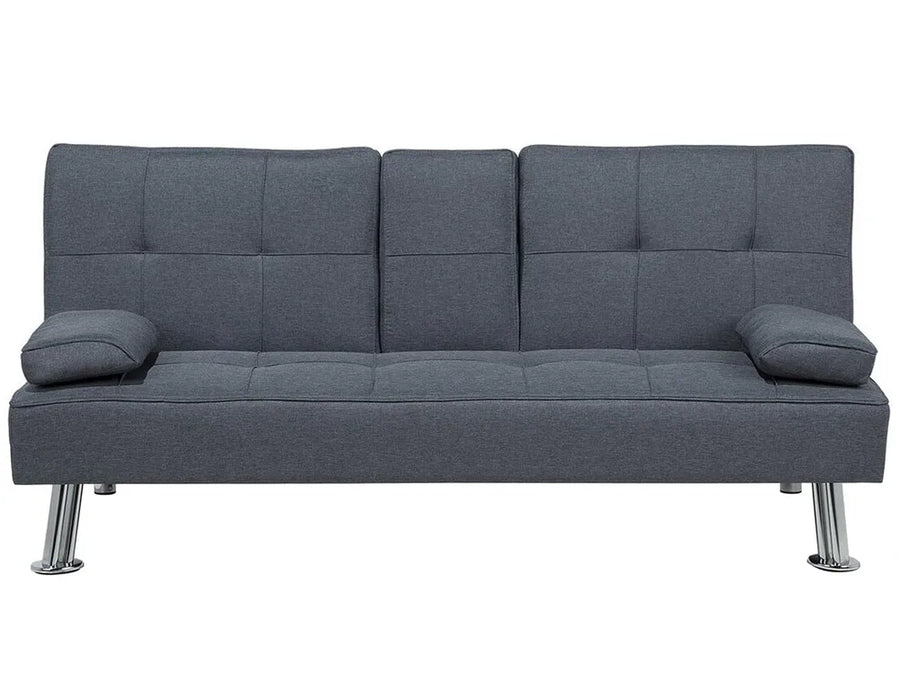 Convertible dark grey three-seater sofa bed with arm pads