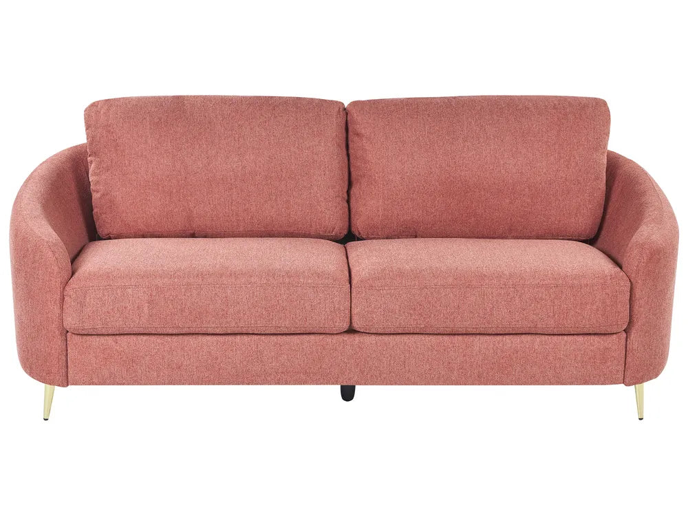 Pink fabric sofa with fluffy cushions and sculpted shape