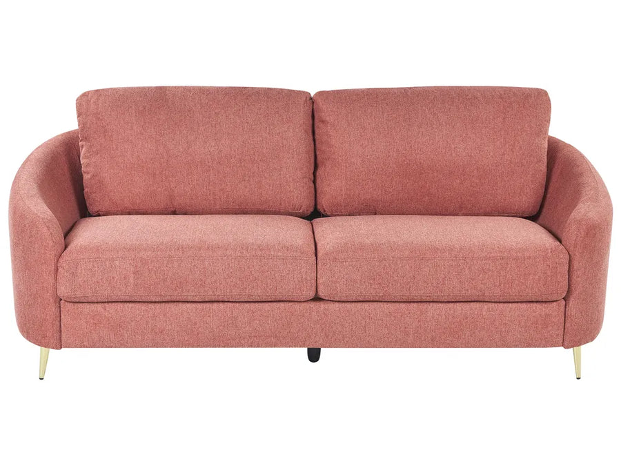 Pink fabric sofa with fluffy cushions and sculpted shape