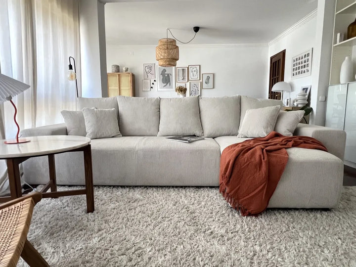 Corner Sofa Bed 3 Seater Corduroy Light Beige with Storage Left Hand Deantrei