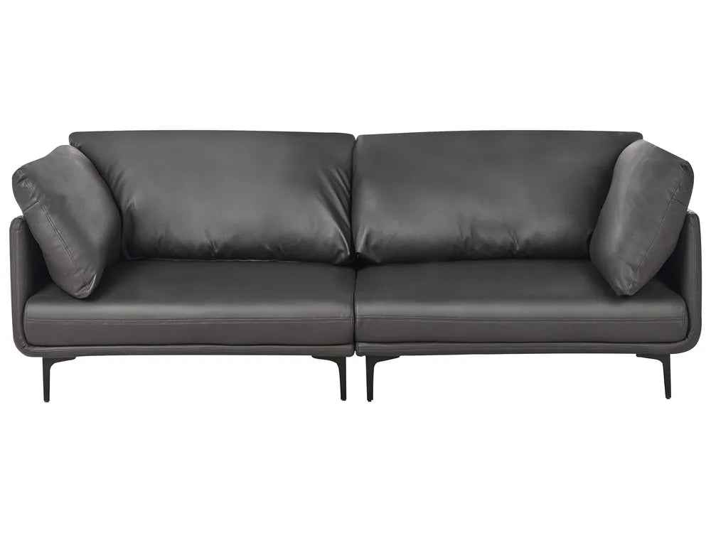 Gray sofa with curved backrest and armrests on a white background