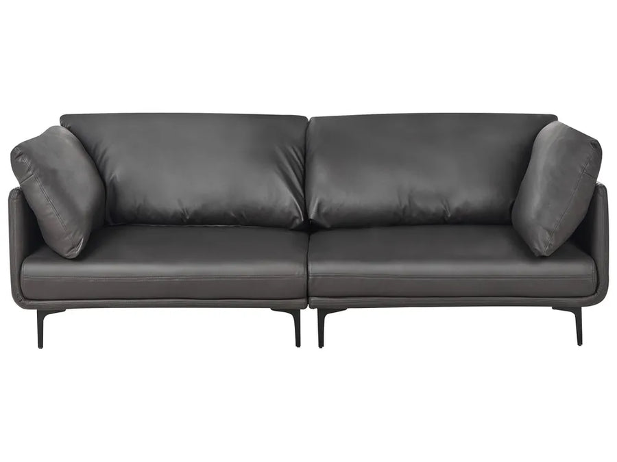 Gray sofa with curved backrest and armrests on a white background