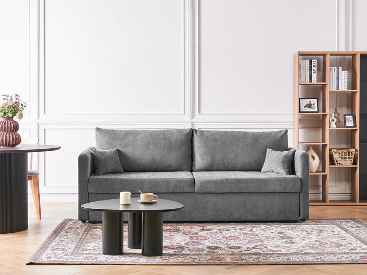Gray sofa in a living room with a bookshelf and coffee table.