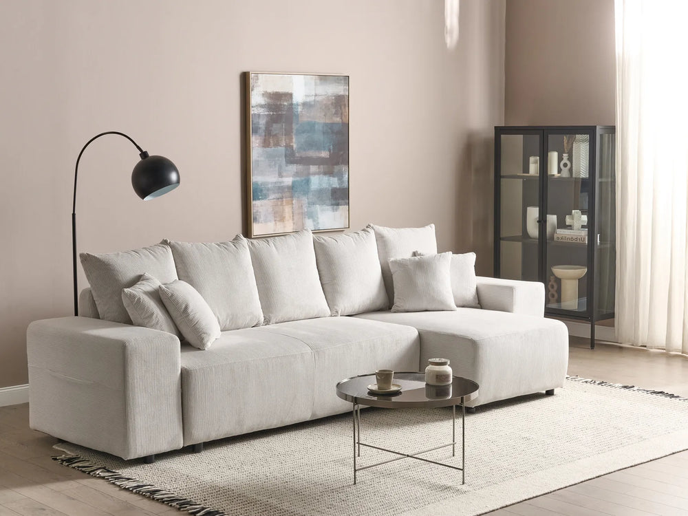 Left hand light beige jumbo cord corner sofa with storage
