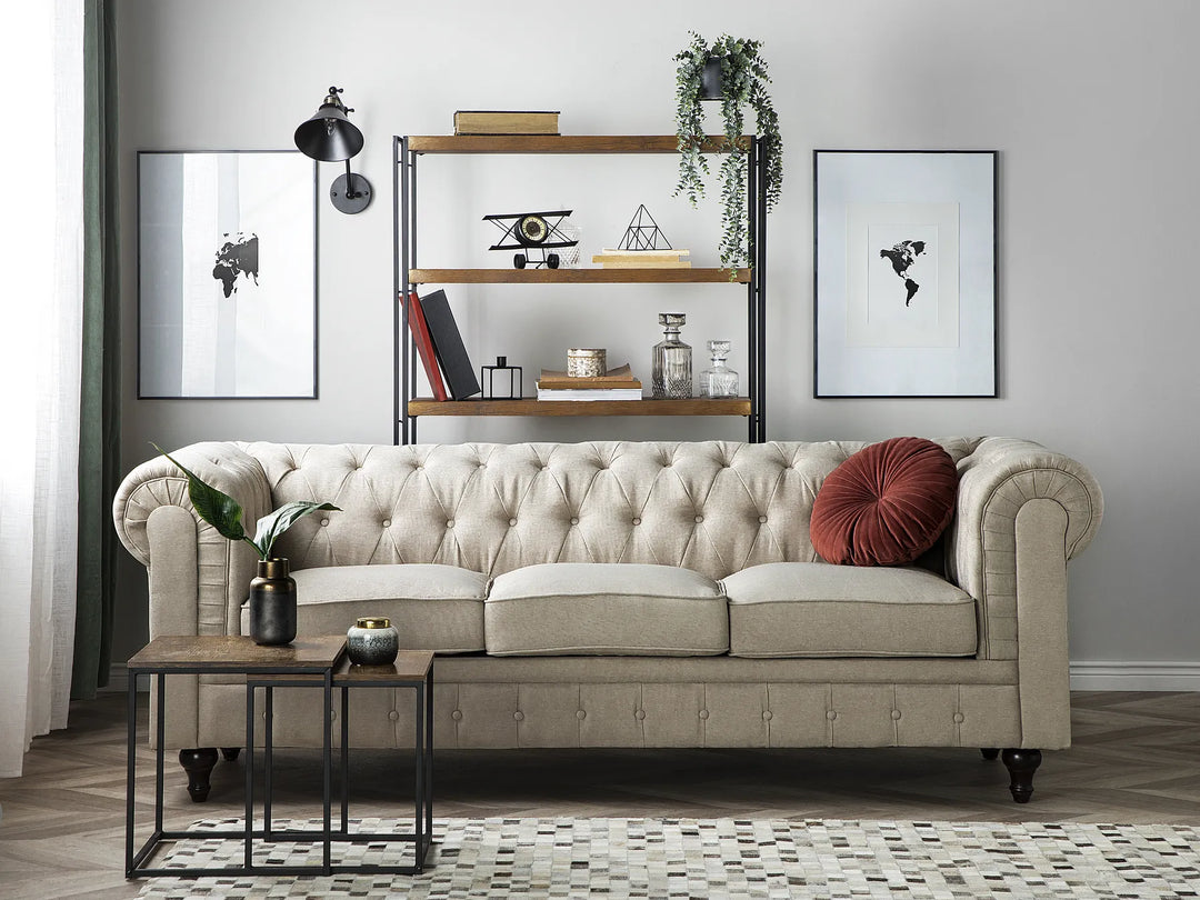 Beige fabric 3 seater Chesterfield sofa with button tufting and scroll arms