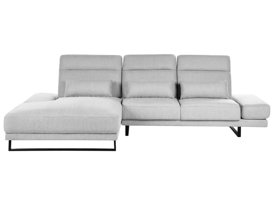 4-seater light grey L-shaped fabric corner sofa with soft cushions and contemporary design