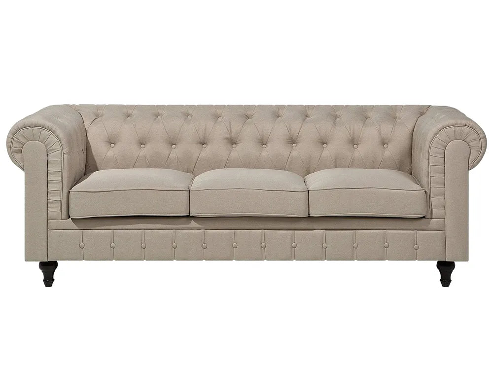 Besnard beige fabric 3 seater sofa with classic Chesterfield design and wooden legs