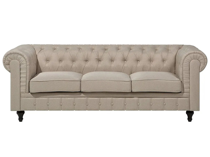 Besnard beige fabric 3 seater sofa with classic Chesterfield design and wooden legs