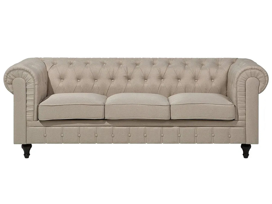 Besnard beige fabric 3 seater sofa with classic Chesterfield design and wooden legs