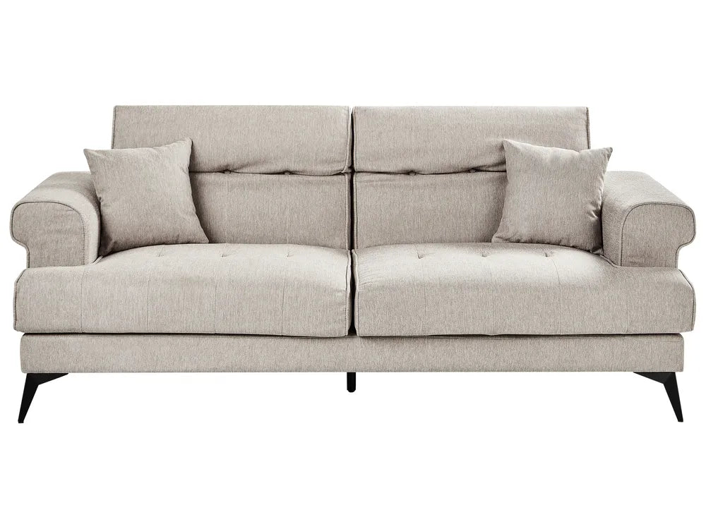 Beige sofa with two cushions on a white background