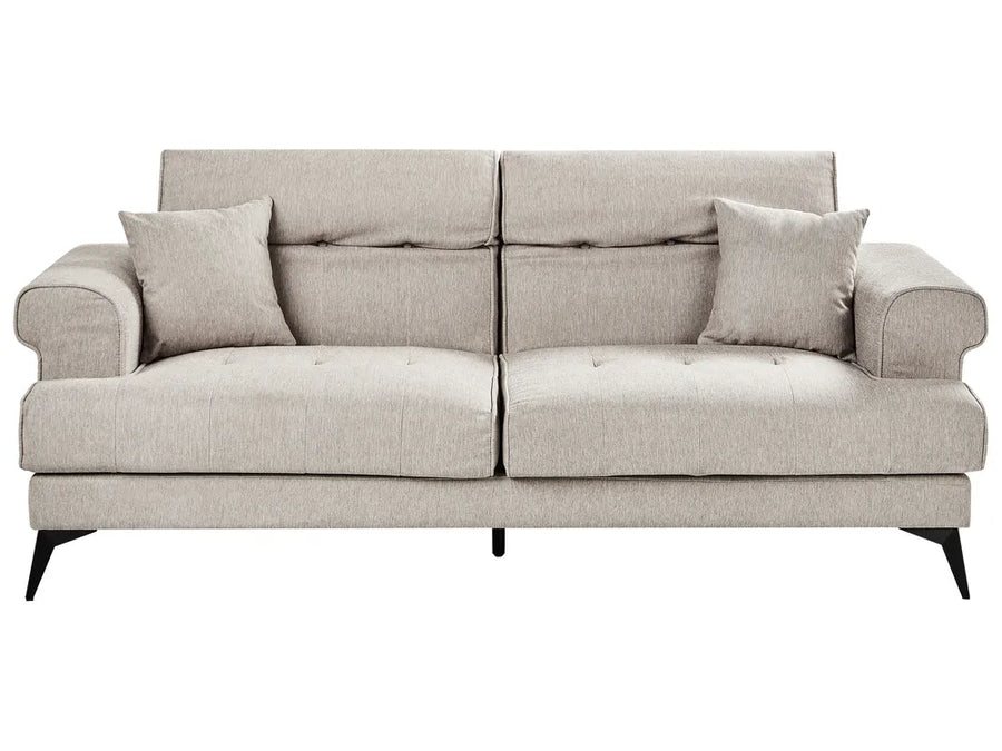 Beige sofa with two cushions on a white background