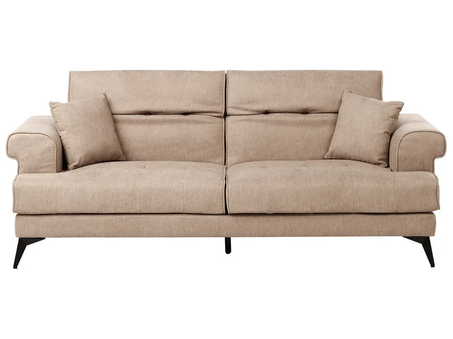 Beige sofa with cushions on a white background
