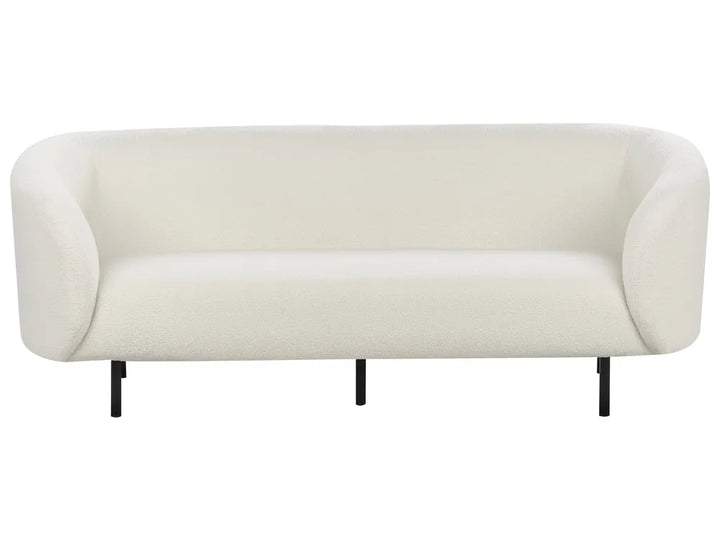 White bouclé 3 seater sofa with curved silhouette and black legs