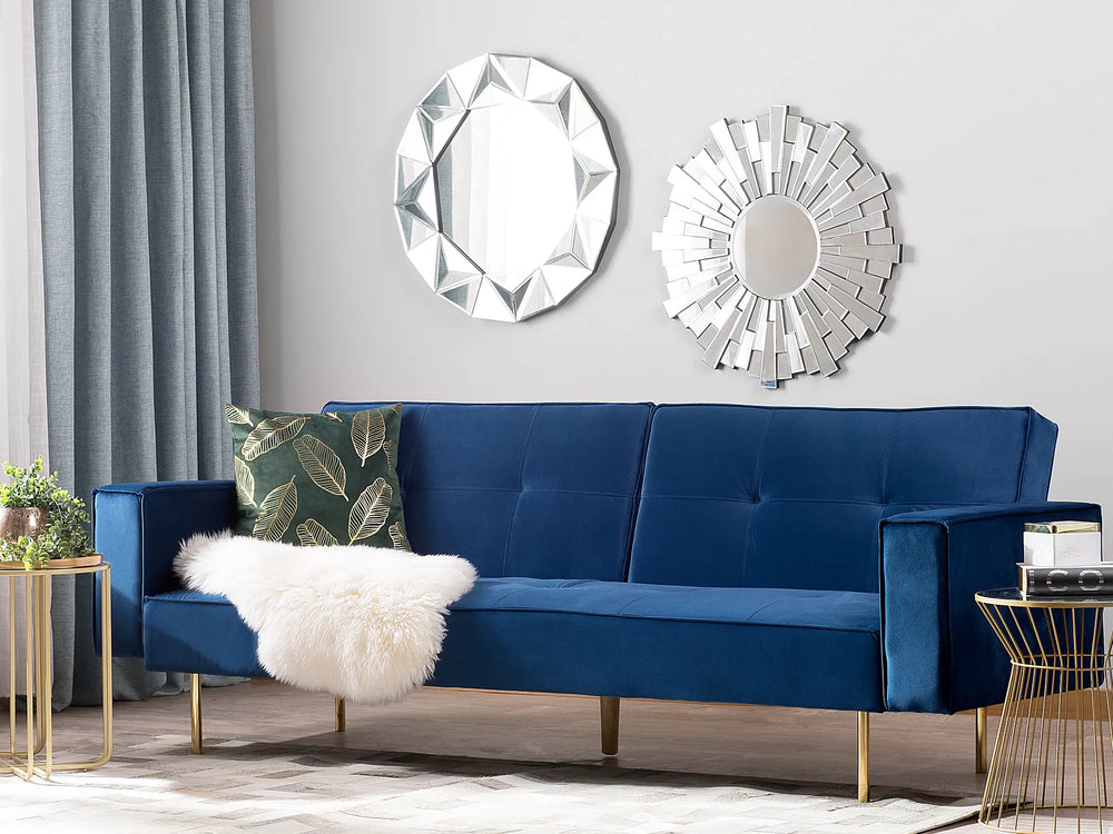 Elegant navy velvet sofa bed with wooden frame