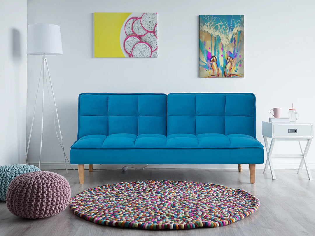 Convertible sea blue sofa bed for living room, seating and sleeping
