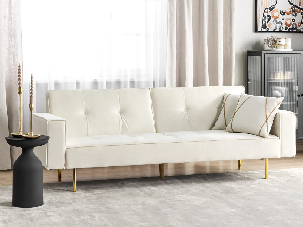 Elegant off-white velvet sofa bed with wooden frame