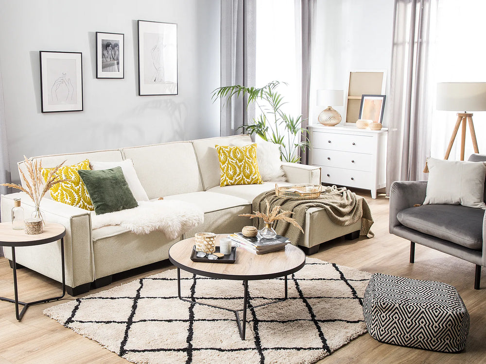 Left hand beige fabric corner sofa bed modern design