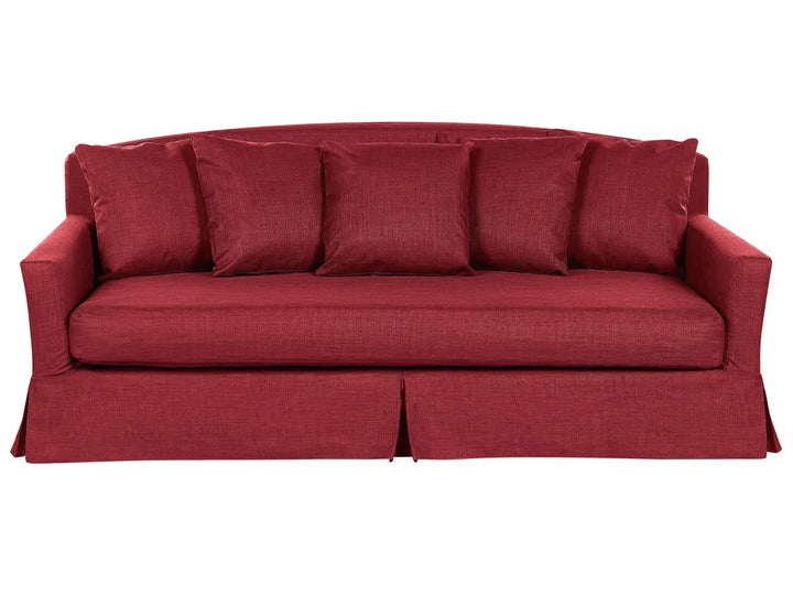 Red fabric 3 seater sofa with wooden legs