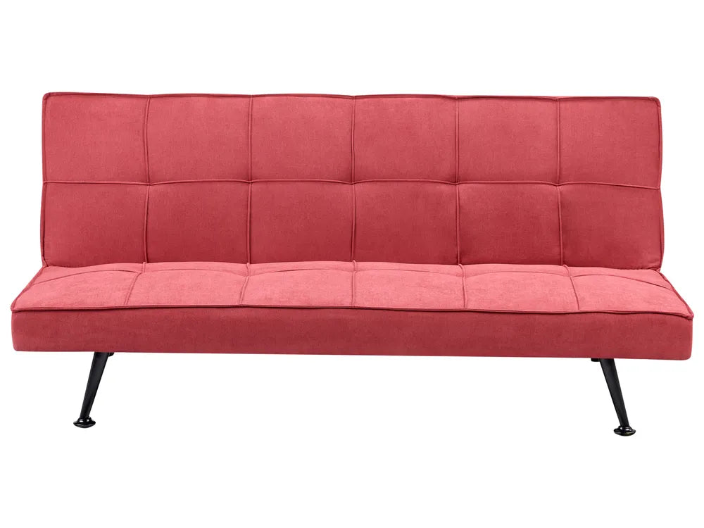 Red sofa bed with black legs on a white background