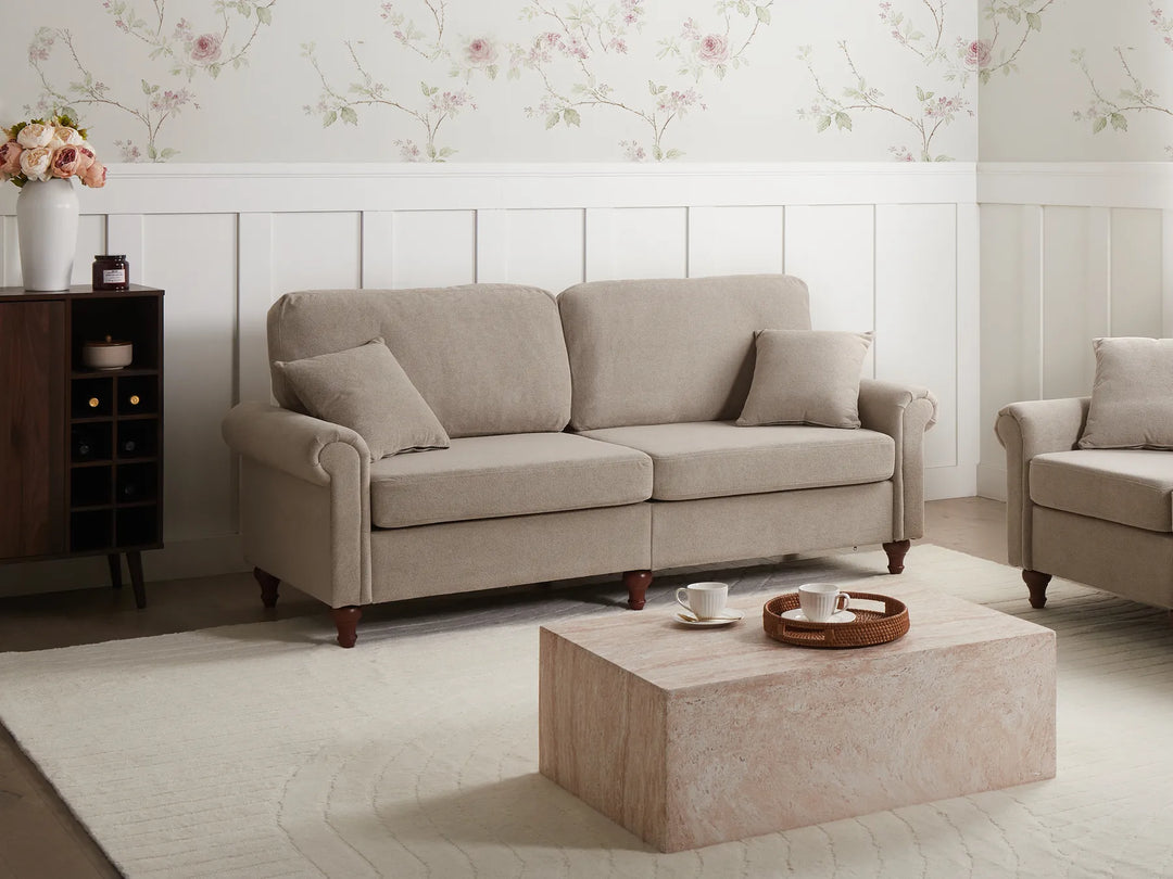 Taupe fabric 3-seater sofa with thick padded cushions