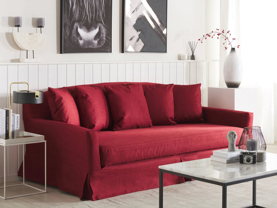 Classic red 3 seater fabric sofa