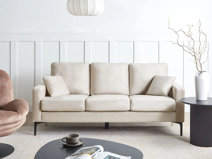 Hepburn light beige fabric three seater sofa with classic elegant design