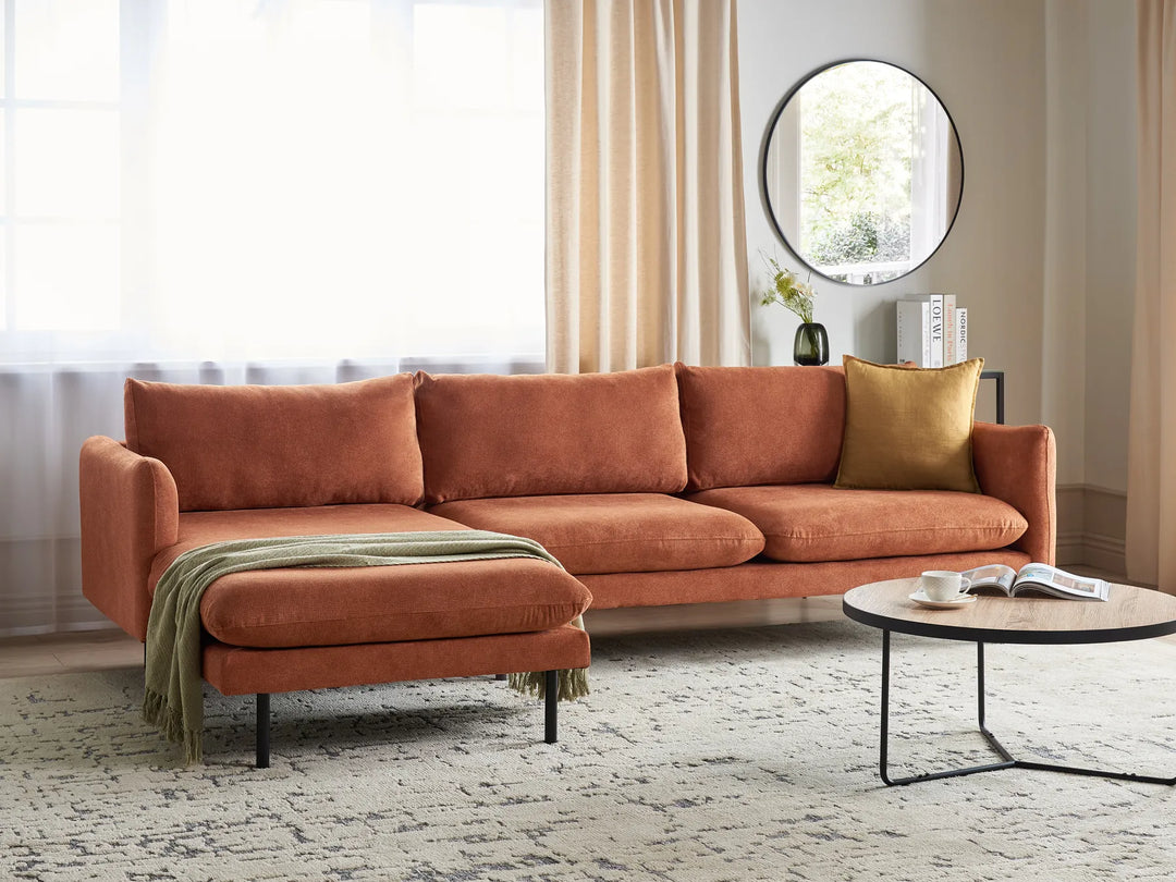 Right hand golden brown chenille corner sofa living room