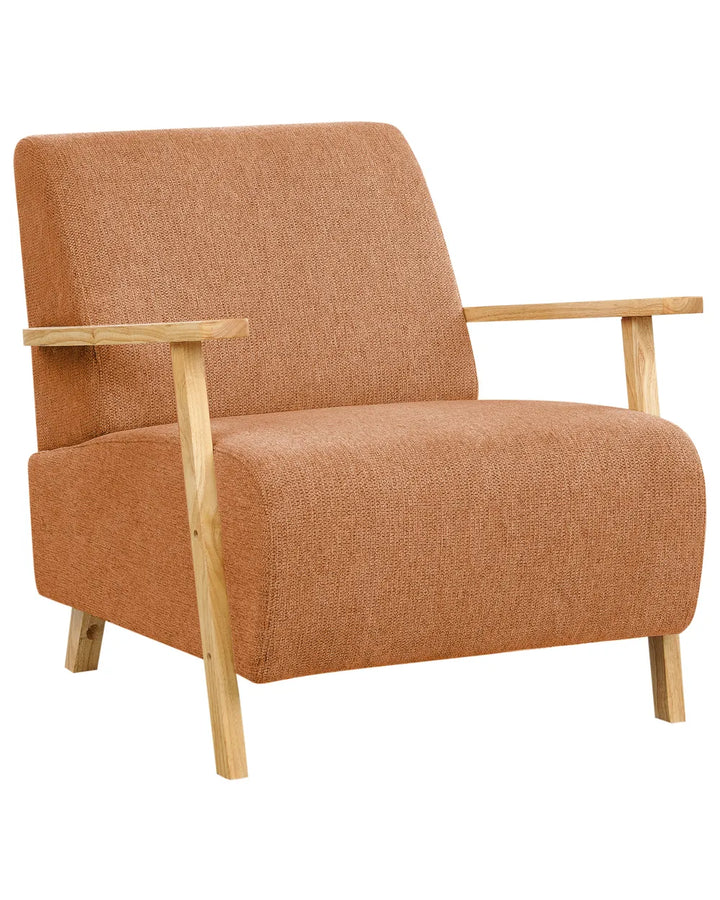 Upholstered in rich orange fabric, this armchair combines contemporary design with inviting comfort.