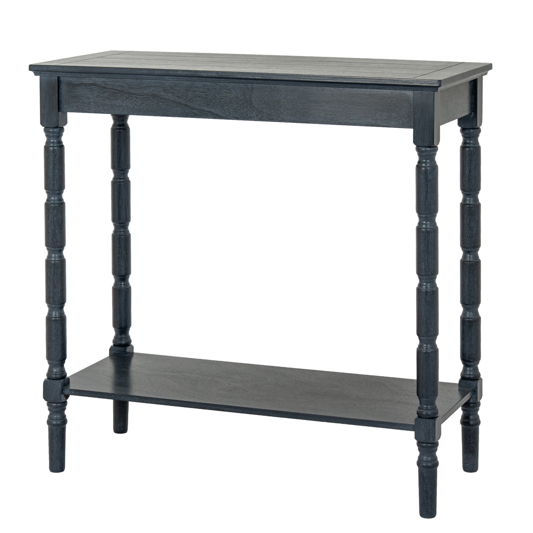 Small dark gray table with a shelf on a white background
