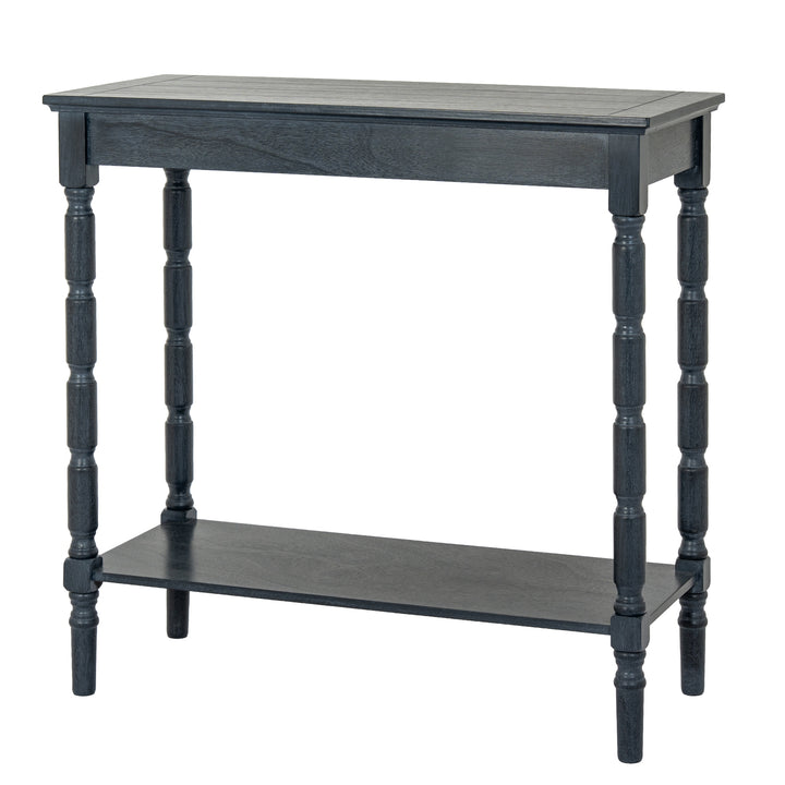 Small dark gray table with a shelf on a white background