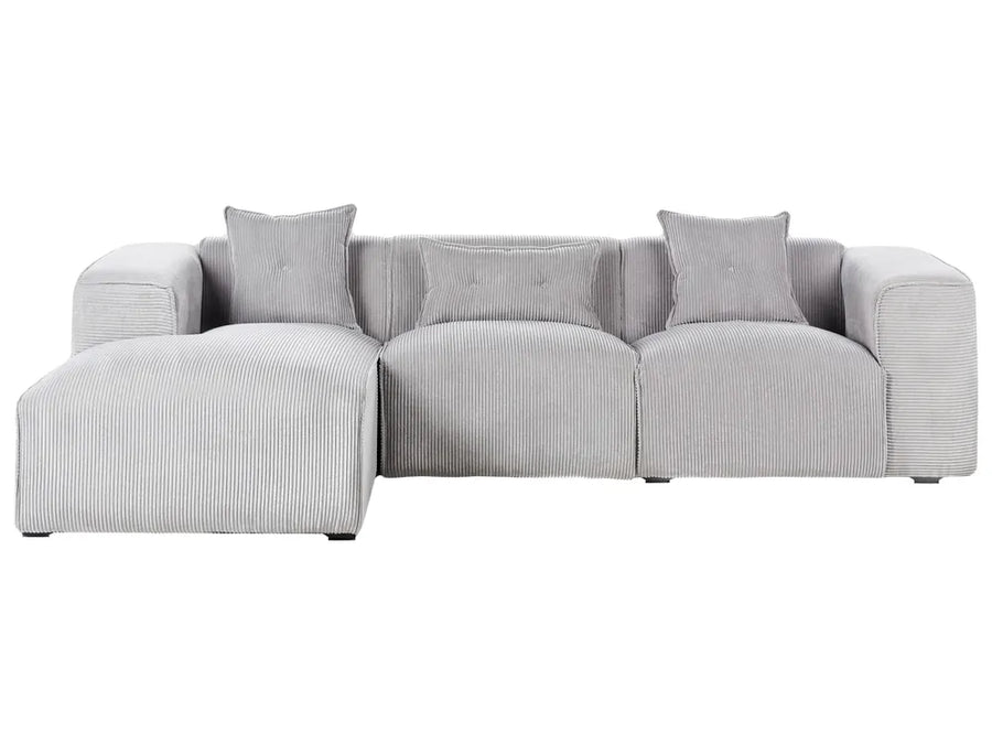 Gray sectional sofa with two cushions on a white background
