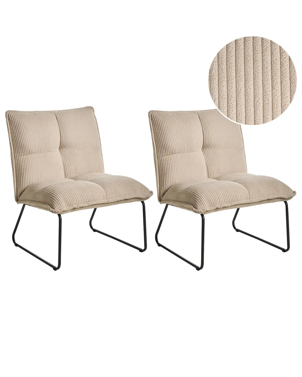 Two beige cushioned chairs with a close-up of the fabric texture on a white background.