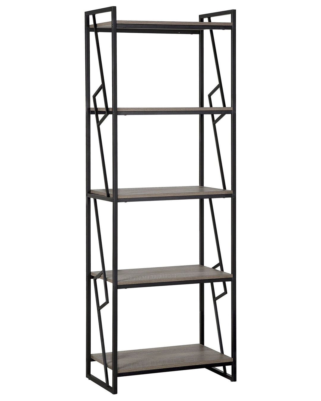 Bookshelf with metal frame and wooden shelves on a white background
