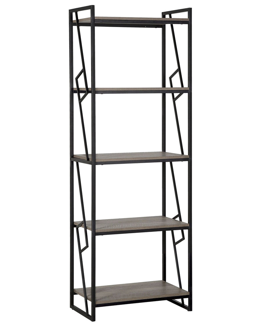 Bookshelf with metal frame and wooden shelves on a white background