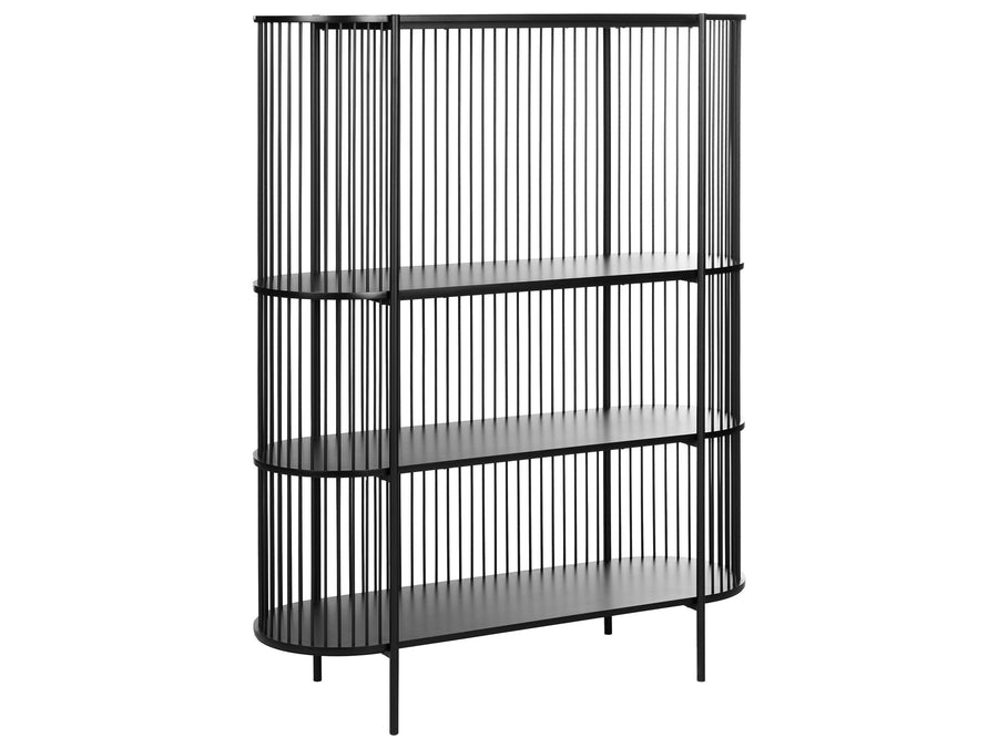 Black metal shelving unit with three shelves on a white background
