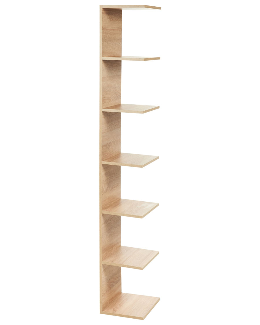 Tall, thin wooden shelf with five shelves on a white background