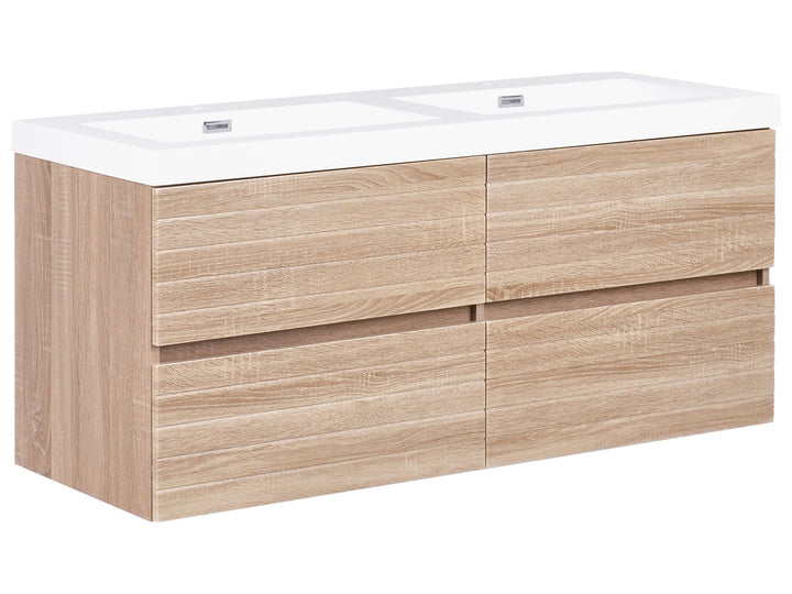 Bathroom vanity with wooden finish and white countertop on a white background