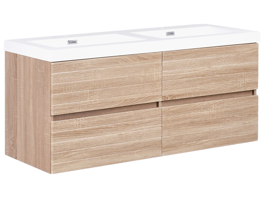 Bathroom vanity with wooden finish and white countertop on a white background