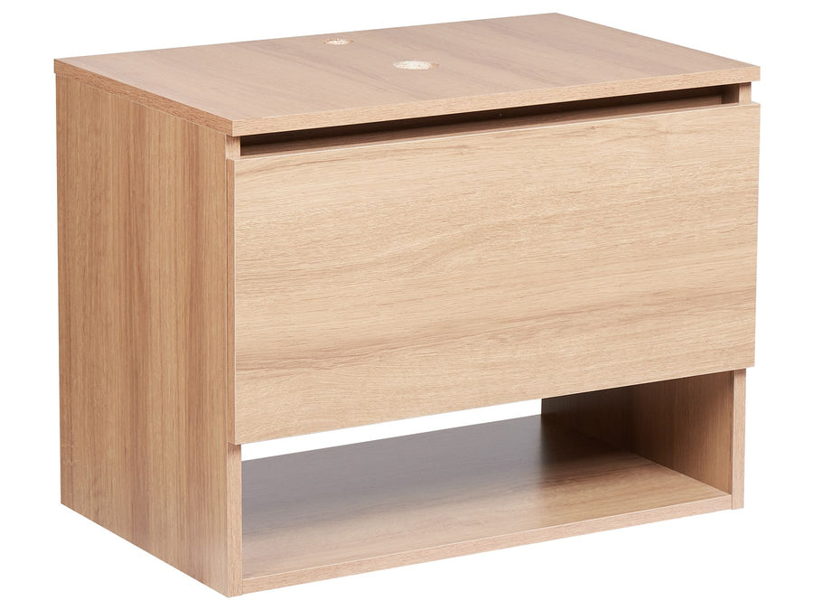 Wooden cabinet with a drawer and open shelf on a white background