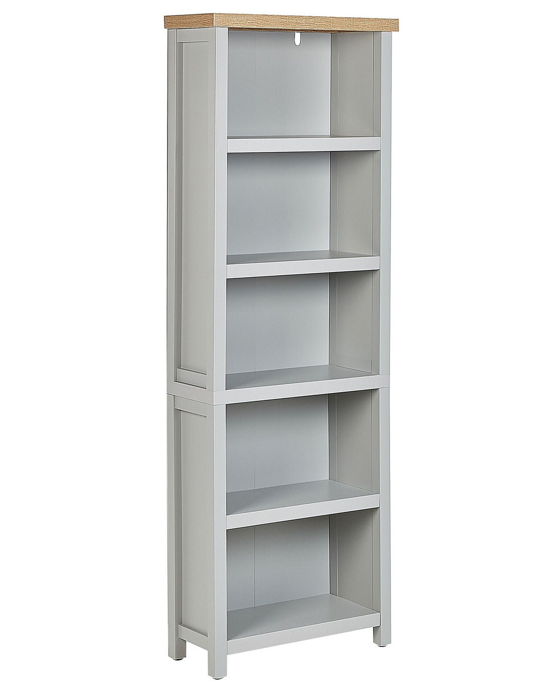 Tall gray bookshelf with a wooden top on a white background