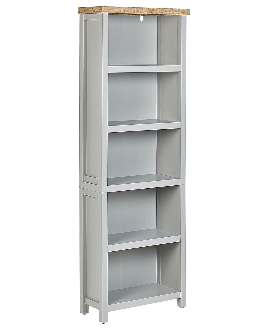 Tall gray bookshelf with a wooden top on a white background