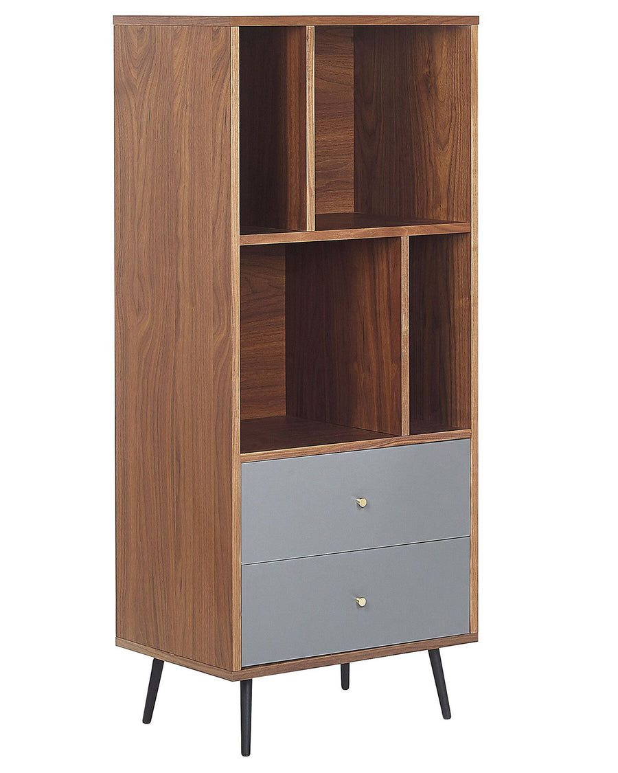 Wooden cabinet with gray drawers on a white background