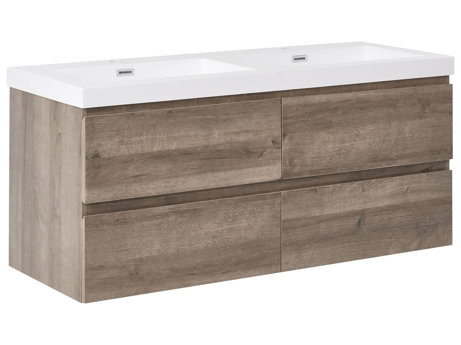 Bathroom vanity with wooden finish and white countertop on a white background