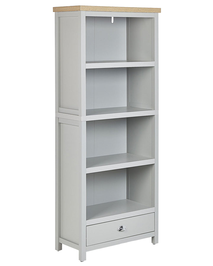 Gray bookshelf with a wooden top on a white background
