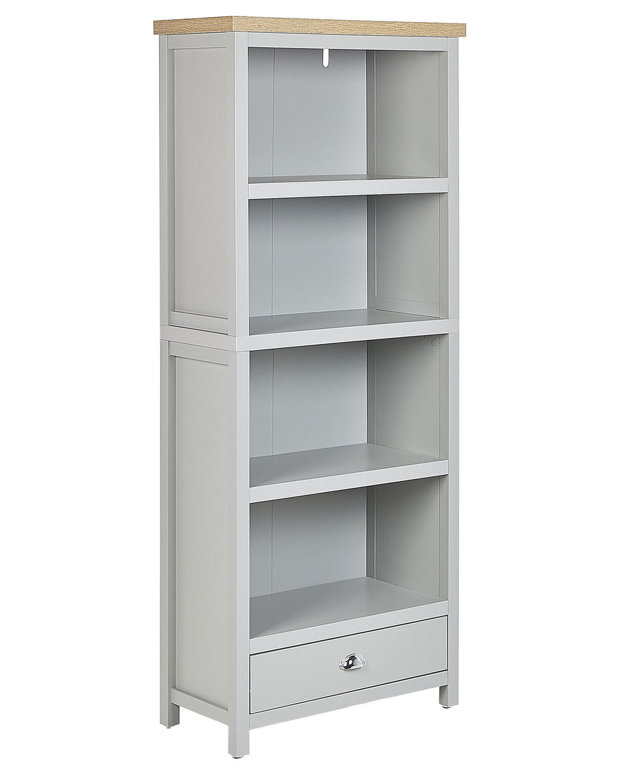 Gray bookshelf with a wooden top on a white background